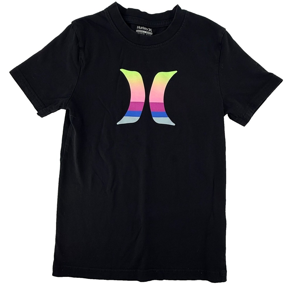 Hurley Boys T Shirt Size 7 8 Black Rainbow Logo Graphic Short‎ Sleeve